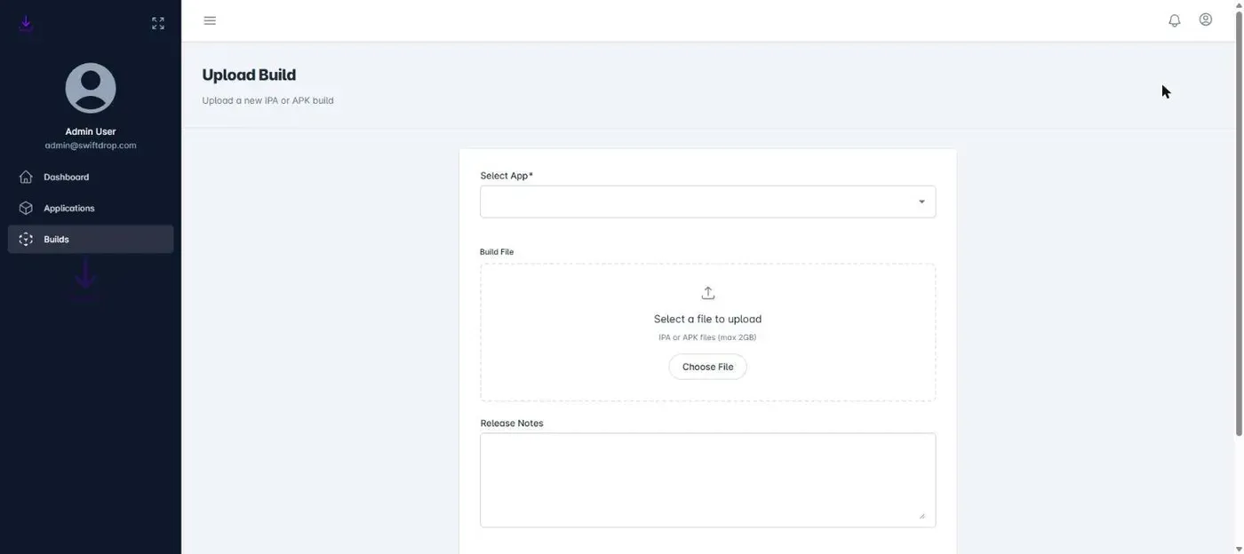 Build upload flow — drag-and-drop IPA/APK upload with release notes
