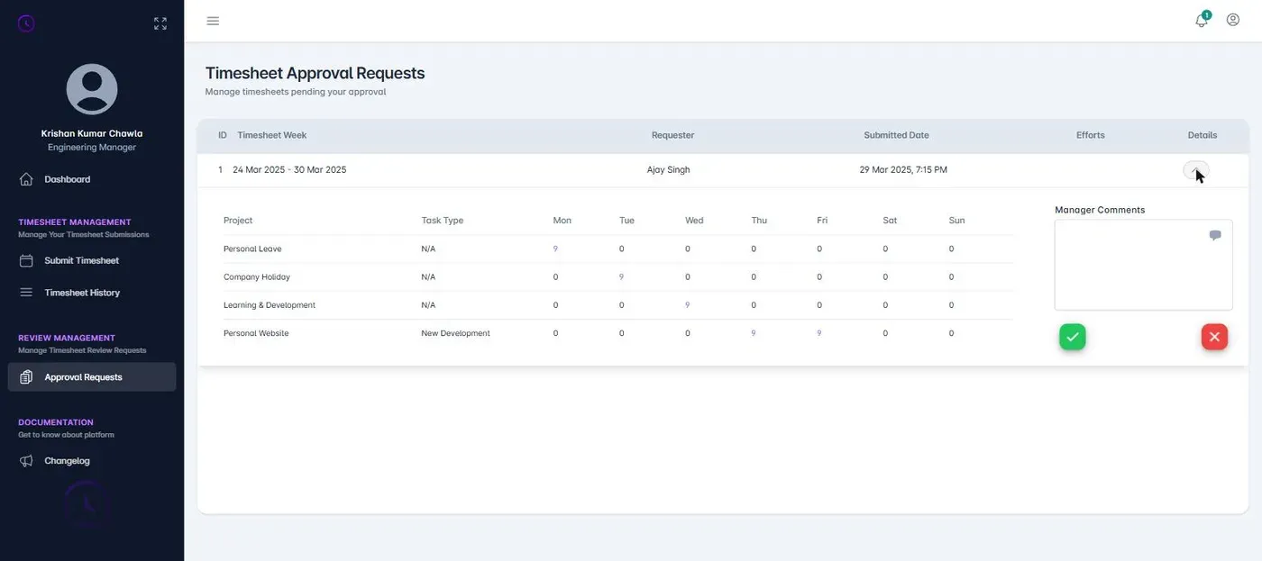 Manager approval workflow — expanded per-day breakdown with comments and approve/reject actions